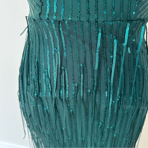City Vibes Emerald Green Fringe Criss Cross Back Prom Dress w/ Side Split - Picture 3 of 16